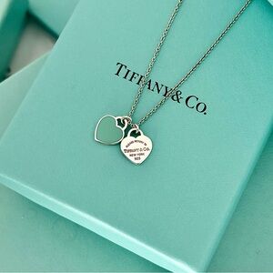 Authentic Tiffany & Co Blue Enamel Double Mini Hearts Pendant Necklace